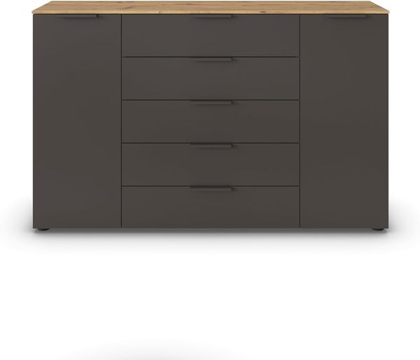 Rauch Möbel Flipp, Kommode für Schlafzimmer, Kinderzimmer, Wohnzimmer, Flur, Garderobe, 2-türig, 5 Schubladen, mit Softclose-Funktion, Farbe Eiche Artisan, Holz/Graphit, Schwarz, Breite 160 cm Bild 5