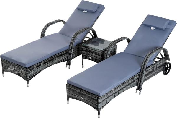 Outsunny Gartenlounge-Set 3er-Set, Polyrattan+Metall, (Liege, 3-tlg, Sonnenliege), Stabile Bauweise, Für Outdoor gemacht