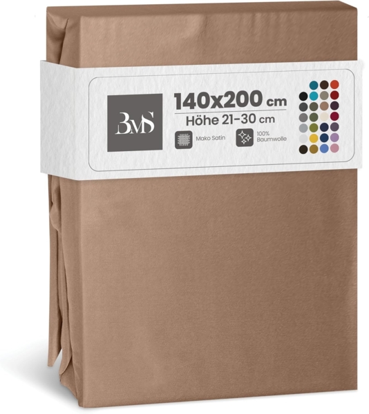 Bettwaesche-mit-Stil Mako-Satin Spannbettlaken hellbraun 140x200cm Höhe 21-30cm