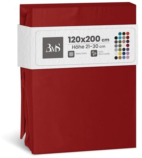 Bettwaesche-mit-Stil Mako-Satin Spannbettlaken rot 120x200cm Höhe 21-30cm