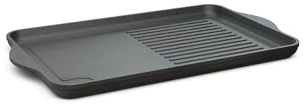 Hoffmann Germany Teppanyakiplatte Grillplatte 2in1 Aluguss eckig 49x29 cm – Made in Germany, Aluguss (1-tlg, 1x Grillplatte 49x29 cm + Silikon-Füße), Grillstreifen + Bratfläche, Antihaft, backofenfest, Induktion