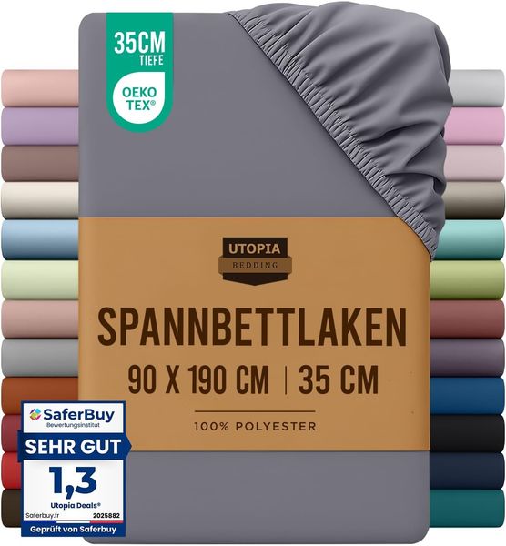 Utopia Bedding - Spannbettlaken 90x190 cm - Grau - Oeko-Tex Zertifiziertes Gebürstete Polyester-Mikrofaser Spannbetttuch - 35 cm Tiefe Tasche