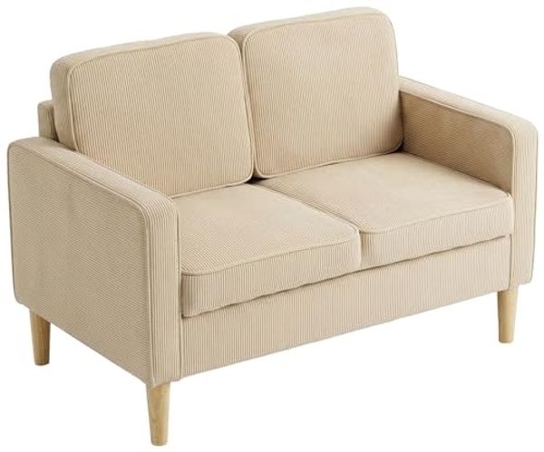HOMCOM 2-Sitzer Modern Polstersofa mit 2 Wurfkissen Stauraum Massivholzfüßen, Couch 1 Teile, aus Corduroy für Wohnzimmer, Schlafzimmer, Beige 117 x 63 x 79 cm