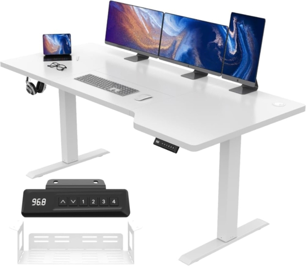 JUMMICO HöHenverstellbarer Schreibtisch Weiß 160x75 cm L-förmiger Schreibtisch Höhenverstellbar Elektrisch mit Memory-Steuerung,Ergonomie Gaming Tisch mit Becherhalter, Haken (Weiß)