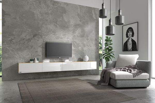 Wuun® 280cm/ Front Weiß-Hochglanz (Korpus Eiche)/8 Größen/6 Farben/TV Lowboard TV Board hängend Hängeschrank Wohnwand/Somero