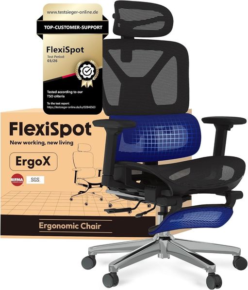 FLEXISPOT Ergonomischer Bürostuhl Schreibtischstuhl mit Fußstütze, 3D-Armlehnen, 3D-Kopfstütze, 5D-Rückenlehne, Atmungsaktiver Sitz Belastbar bis 136 kg Arbeitsstuhl, ErgoX, Schwarz
