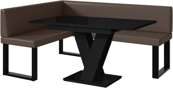 MEBLINI Eckbank für Esszimmer mit ausziehbarem Tisch - Küchenbank - Essecke - Sitzecke Küche - TONI - U-Beine 128x168x87cm Links - Braun Kunstleder/M Schwarz Hochgl.