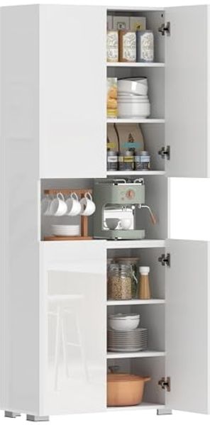 HOMCOM Küchenbuffet Soft-Close-Funktion Sideboard (Hochschrank, 1-St, Küchenschrank) für Esszimmer, Hochglanz Weiß 68 x 34 x 180 cm