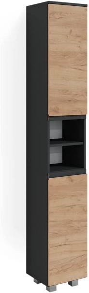 Vicco Hochschrank Badschrank Badezimmermöbel J-shape Anthrazit Eiche modern 30x190cm Badezimmer Schrank Badmöbel Schranktür Schrankfach Aufbewahrung Ablage