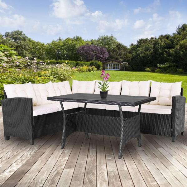 Casaria Gartenlounge-Set Lissabon, Polyrattan WPC Esstisch Eckbank 15cm Kissen 7cm Auflagen Wetterfest Bild 2
