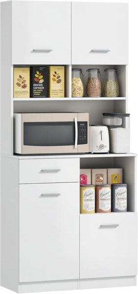 HOMCOM Küchenbuffet Hochschrank mit verstellbaren Regal, Schublade (Vitrinenschrank, 1-St, Buffetschrank mit Soft-Close-Tür) Aufbewahrungsschrank für Küche Esszimmer 80x35x180 cm Weiß