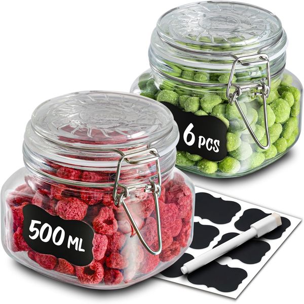 Praknu Vorratsglas 6 Einmachgläser mit Bügelverschluss 500ml - Mit Etiketten, Stift und, Glas, (Set, 6-tlg), Luftdichte Deckel mit Dichtung, Vorratsbehälter für Lebensmittel