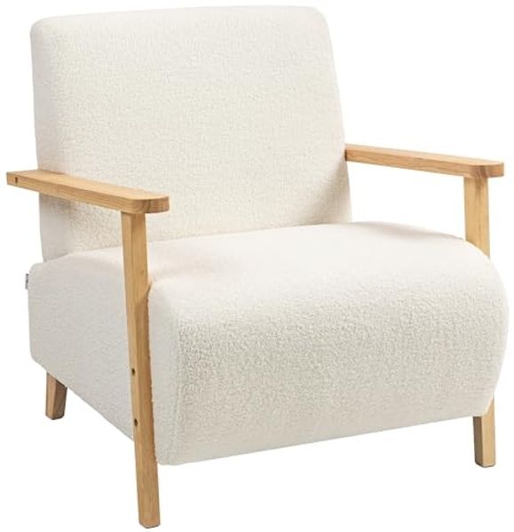 HOMCOM Sessel Akzentstuhl aus Sherpa-Stoff (gepolsterte Leselounge mit Holzbeinen und Armlehnen, 1-St, dicke Sitzfläche für Wohnzimmer, Schlafzimmer), 76 x 74,5 x 78 cm Cremeweiß