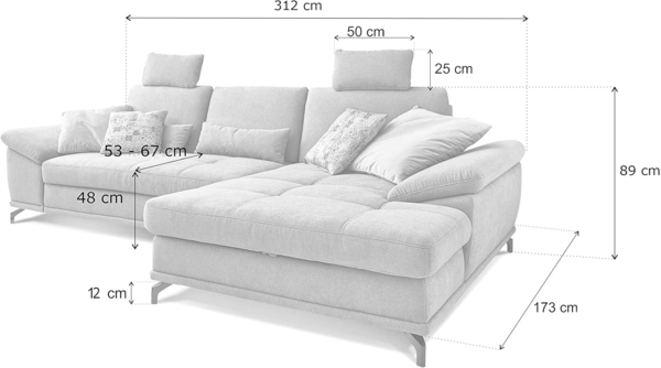 Cavadore Ecksofa Castiel mit Federkern / Großes Sofa in L-Form mit Sitztiefenverstellung, Kopfstützen und XL-Longchair / 312 x 114 x 173 / Webstoff, Dunkelbraun Bild 3