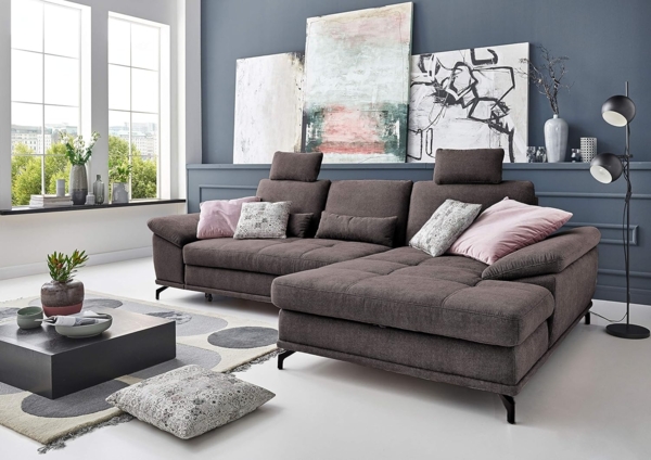 Cavadore Ecksofa Castiel mit Federkern / Großes Sofa in L-Form mit Sitztiefenverstellung, Kopfstützen und XL-Longchair / 312 x 114 x 173 / Webstoff, Dunkelbraun Bild 2