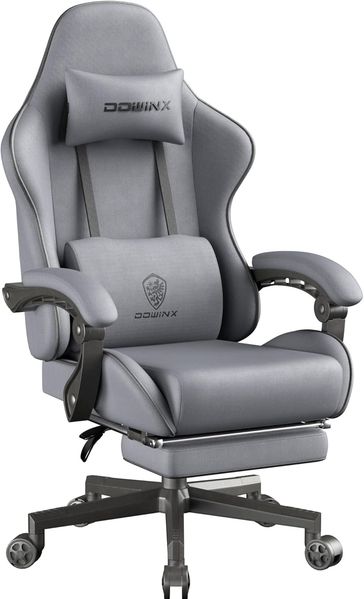 Dowinx Gaming Stuhl Tasche Frühling Kissen, Atmungsaktiver Bürostuhl aus Hochwertigem Stoff, Ergonomischer PC-Stuhl mit Kopfstütze, Drehbarer Schreibtischstuhl mit Fußstütze (Grau)