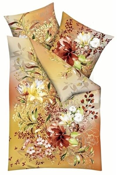 JACK Bettwäsche 155x220cm Philomena Topas Gelb Braun Tropisch Blumen Kaeppel, Renforcé, 2 teilig, Blüten und Blätter mit Farbverlauf