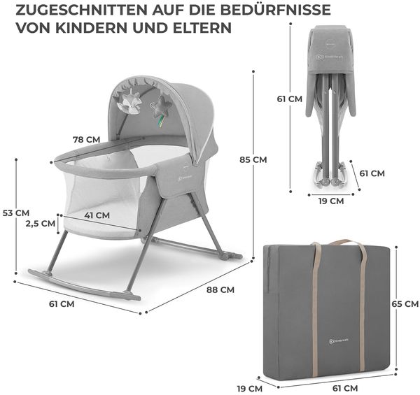 Kinderkraft Kinderbett 3 in 1 LOVI, Kinderreisebett, Stubenwagen, Babywiege, Baby Wippe, Zusammenklappbar, Einfach Transport, mit Zubehör, Tasche, Moskitonetz,von Geburt bis 9 kg, Grau Bild 9