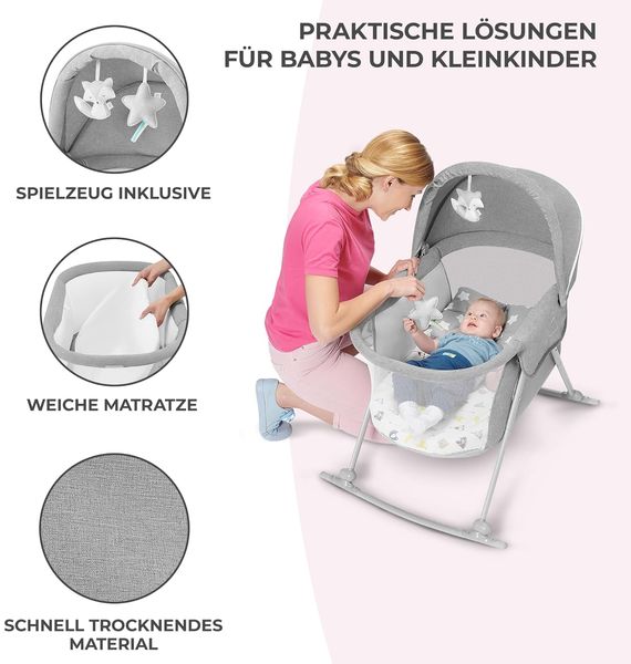 Kinderkraft Kinderbett 3 in 1 LOVI, Kinderreisebett, Stubenwagen, Babywiege, Baby Wippe, Zusammenklappbar, Einfach Transport, mit Zubehör, Tasche, Moskitonetz,von Geburt bis 9 kg, Grau Bild 8