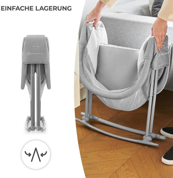 Kinderkraft Kinderbett 3 in 1 LOVI, Kinderreisebett, Stubenwagen, Babywiege, Baby Wippe, Zusammenklappbar, Einfach Transport, mit Zubehör, Tasche, Moskitonetz,von Geburt bis 9 kg, Grau Bild 4