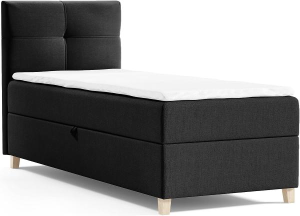 Boxspringbett Candy Mini mit Bettkasten und Topper - Einzelbett mit Bonell-Matratze und Topper, Bett mit Holzfüße, Jugendbett, Kinderbett (Schwarz (Soro 100), 80x200 cm)