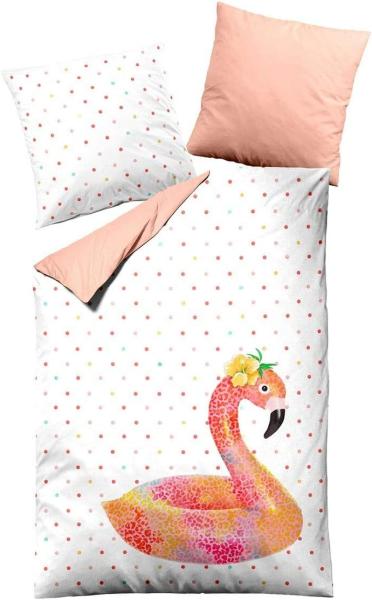 Dormisette Mako Satin Wendebettwäsche 2 teilig Bettbezug 2442_Fb20 Flamingo Punkte pink weiß, BL 155x220 cm