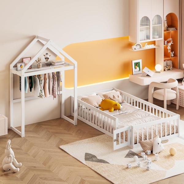 Ball & Cast Bodenbett (90x200 cm) mit Vollschutzgitter und Türen, Holzboden Bettrahmen mit Stauraum, Einfach & Zeitsparend Montierbar, Weiß Bild 4