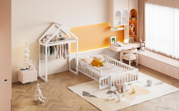 Ball & Cast Bodenbett (90x200 cm) mit Vollschutzgitter und Türen, Holzboden Bettrahmen mit Stauraum, Einfach & Zeitsparend Montierbar, Weiß Bild 5