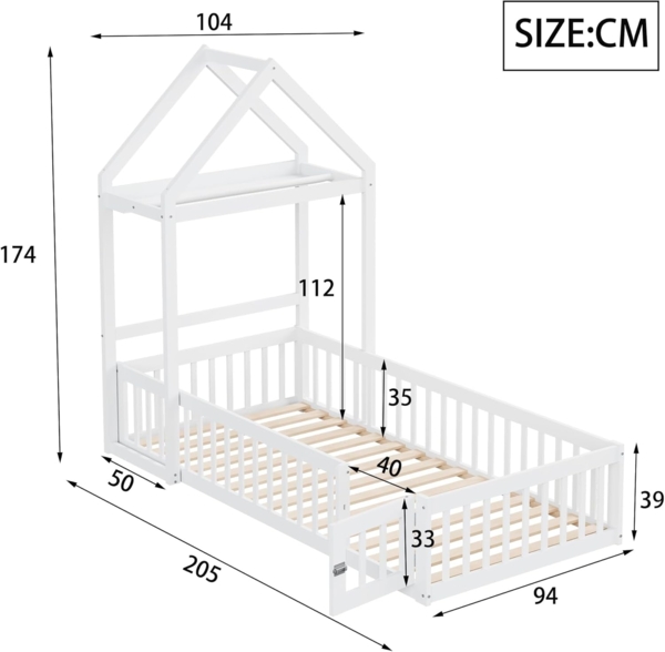 Ball & Cast Bodenbett (90x200 cm) mit Vollschutzgitter und Türen, Holzboden Bettrahmen mit Stauraum, Einfach & Zeitsparend Montierbar, Weiß Bild 2
