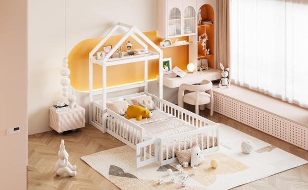 Ball & Cast Bodenbett (90x200 cm) mit Vollschutzgitter und Türen, Holzboden Bettrahmen mit Stauraum, Einfach & Zeitsparend Montierbar, Weiß Bild 3