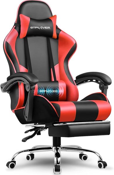 GTPLAYER Gaming Stuhl, Bürostuhl, Ergonomischer Pc Stuhl, Gaming Sessel mit Massagelendenwirbelstütze, Task Stühle mit Fußstütze und Kopfstütze, Rot Kunstleder