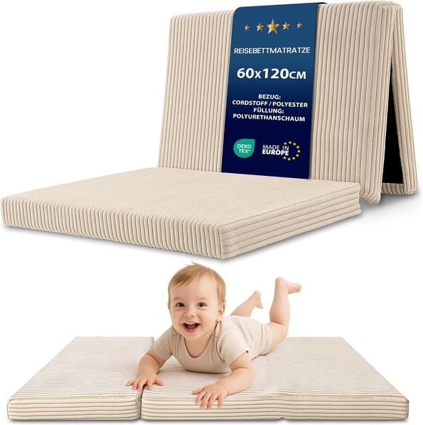 Klappmatratze Faltbare Reisebett Baby Matratze 60x120 cm - Faltmatratze für Kinder Gästematratze klappbar Babymatratze Bodenmatratze Schlafmatratze und Reisematratze Beige B