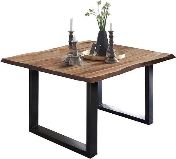 SAM Baumkantentisch 90x90 cm Mephisto, Akazienholz massiv + naturfarben lackiert, Esstisch mit schwarz lackiertem U-Gestell, Esszimmertisch/Holztisch im Industrial-Design, Tischplatte 26 mm