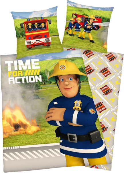 JACK Kinderbettwäsche 135x200cm Feuerwehrmann Sam Time for Action, Renforcé, 2 teilig, Feuerwehr im Einsatz, Löschzug