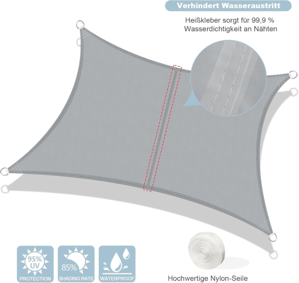 AXT SHADE Sonnensegel Wasserdicht Rechteckig 4x6 m Wetterschutz Sonnenschutz PES Polyester mit UV Schutz für Terrasse Balkon Garten-Hellgrau Bild 2