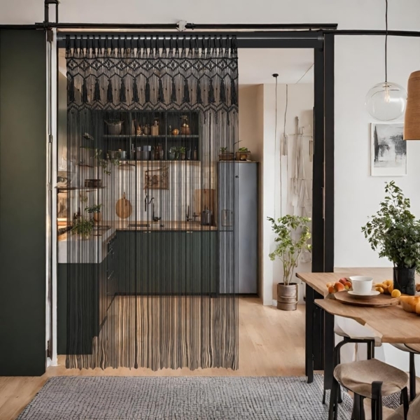 Cozyor Türvorhang Makramee 132 x 200 cm Boho Vorhang Fenstervorhang Raumteiler (1 St), Schlaufen, Baumwolle, mit Klemmstange ohne Bohren schwarz, Wandteppich Raumtrenner Bild 2