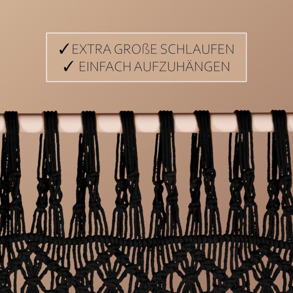Cozyor Türvorhang Makramee 132 x 200 cm Boho Vorhang Fenstervorhang Raumteiler (1 St), Schlaufen, Baumwolle, mit Klemmstange ohne Bohren schwarz, Wandteppich Raumtrenner Bild 6