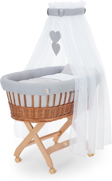 FabiMax Stubenwagen Natur, 2 in 1 Musselin / Waffelpiqué Komplettset Grau mit Decke und Kissen
