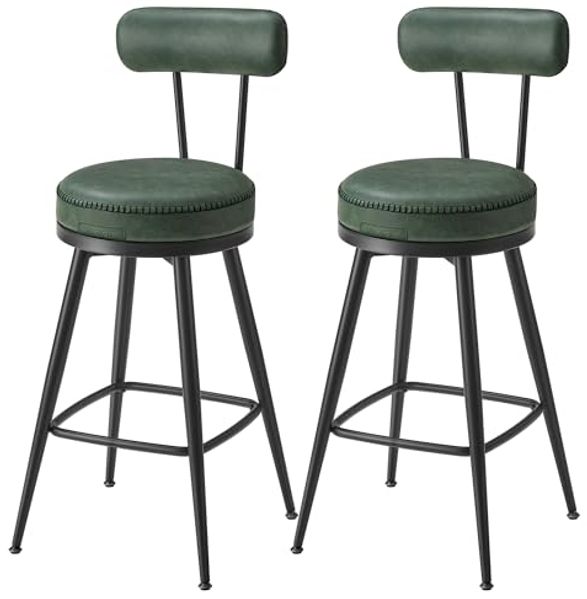 VASAGLE EKHO Kollektion - 360° drehbarer Barhocker, 2er Set, Hocker mit Rückenlehne für Kücheninsel, Kunstleder mit Nähten, Mid-Century-Modern-Stil, 65 cm hoch, Küche, Hausbar, waldgrün