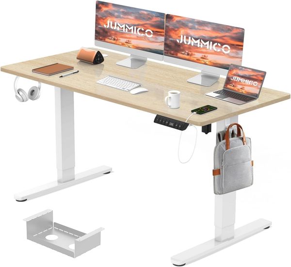 JUMMICO Computertisch elektrisch höhenverstellbar mit Ladeanschluss & Kabelablage, Beige, 140x70 cm