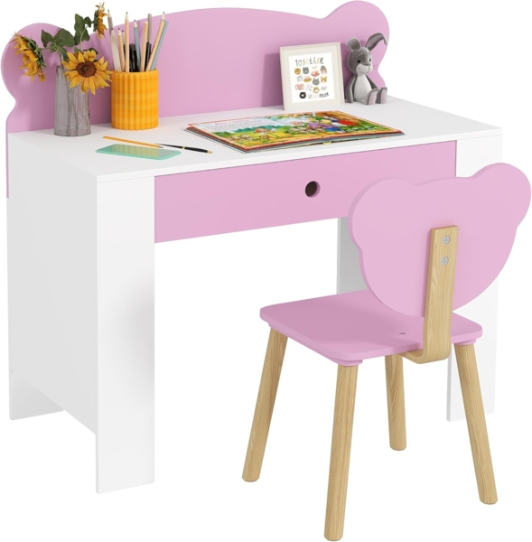 AIYAPLAY Kindertisch mit Tischplatte & Schublade, Bärenform (Kinderschreibtisch Set, 2-St, Kinder Schreibtisch und Stuhl), Jugendschreibtisch für Jungs & Mädchen Rosa