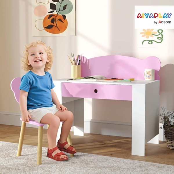 AIYAPLAY Kindertisch mit Tischplatte & Schublade, Bärenform (Kinderschreibtisch Set, 2-St, Kinder Schreibtisch und Stuhl), Jugendschreibtisch für Jungs & Mädchen Rosa Bild 2