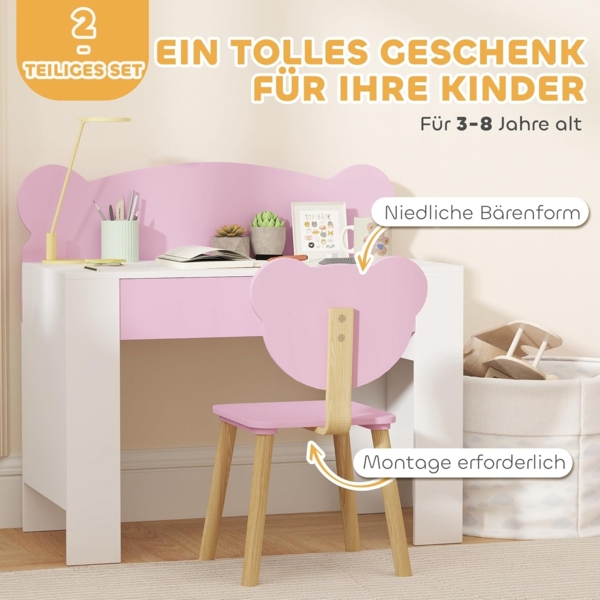 AIYAPLAY Kindertisch mit Tischplatte & Schublade, Bärenform (Kinderschreibtisch Set, 2-St, Kinder Schreibtisch und Stuhl), Jugendschreibtisch für Jungs & Mädchen Rosa Bild 6