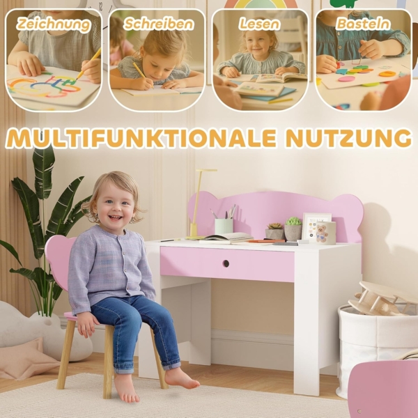 AIYAPLAY Kindertisch mit Tischplatte & Schublade, Bärenform (Kinderschreibtisch Set, 2-St, Kinder Schreibtisch und Stuhl), Jugendschreibtisch für Jungs & Mädchen Rosa Bild 3
