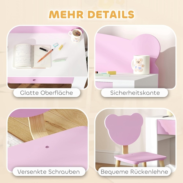 AIYAPLAY Kindertisch mit Tischplatte & Schublade, Bärenform (Kinderschreibtisch Set, 2-St, Kinder Schreibtisch und Stuhl), Jugendschreibtisch für Jungs & Mädchen Rosa Bild 5