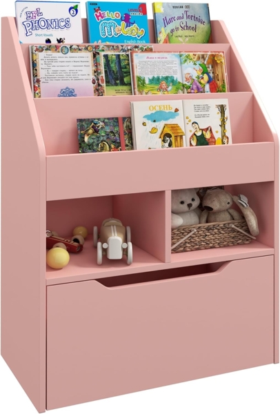 HOMCOM Kinderregal mit Schublade, 3 Ablagefächern und 2 offenen Fächern, Aufbewahrungsregal 1-tlg, für Kinderzimmer, Spielzimmer, Rosa, 60 x 29,9 x 90 cm