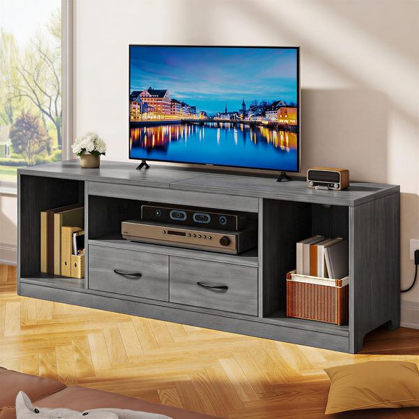 YITAHOME 148cm TV-Schrank für Fernseher bis 65 Zoll, TV Lowboard mit 2 Stoffschubladen & verstellbaren blagen, Grau Holzoptik, Stauraum Entertainment Center für Wohnzimmer