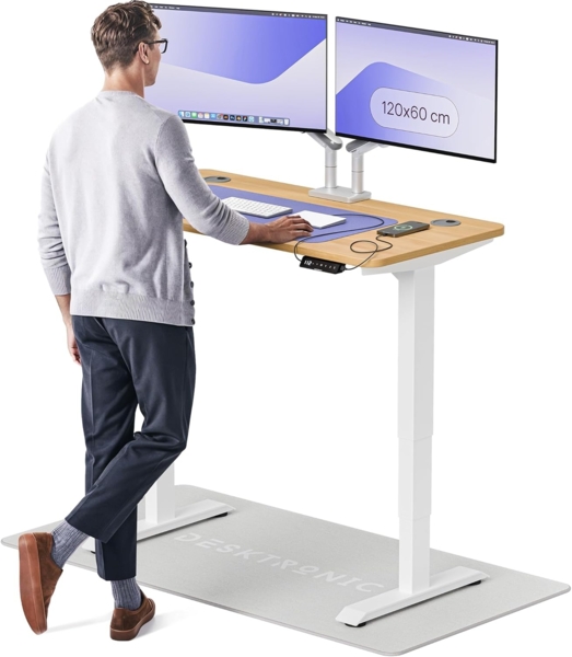 Höhenverstellbarer Schreibtisch - Höhenverstellbar Elektrisch mit Flüsterleisem Dual-Motor & Touchscreen - Hohe Tragfähigkeit - Stehtisch von Desktronic, Weiß + Eiche, 120x60 cm