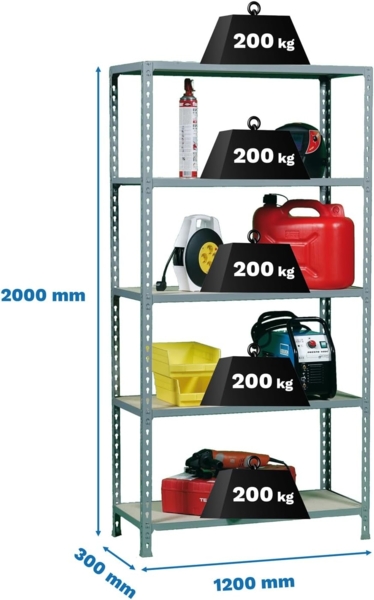 Simonrack Schwerlastregal, Lagerregal, 200 x 120 x 30 cm, Metallregal, Kellerregal, Biegestelle 200 kg, 5 Holzfachböden, Verzinkt/Holz - Maderclick Bild 2