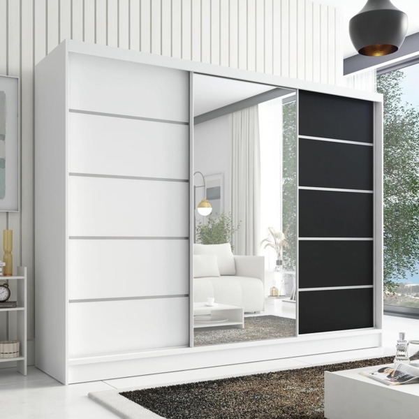 Schwebetürenschrank AVIRA 1 3-türig Schrank 200 cm (mit Spiegel) Farbe: Weiß , Schwarz